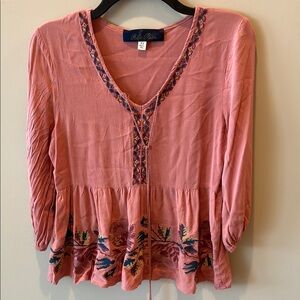 Blue Rain Pink Puff Sleeve Blouse with Smocked Details